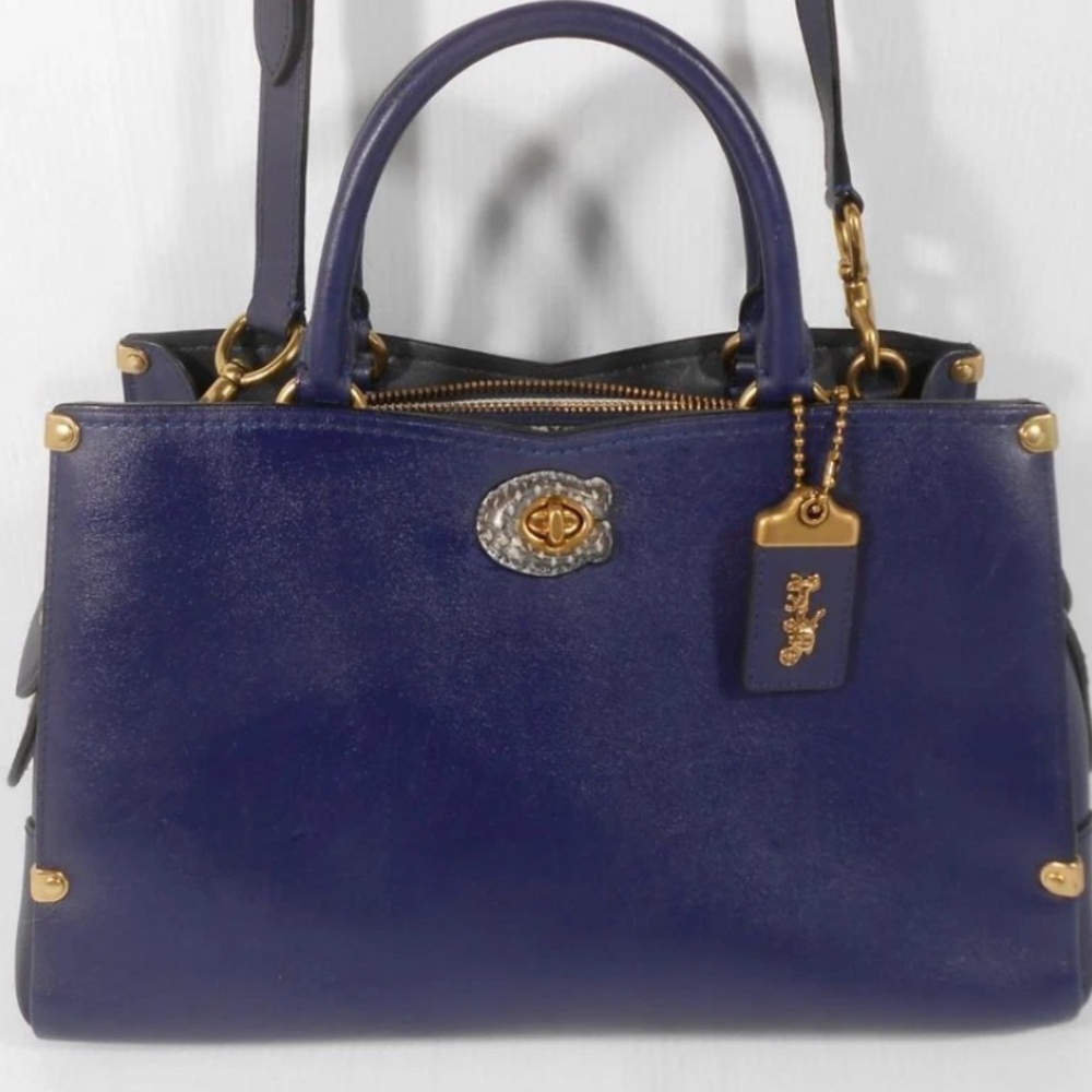 COACH Mason Carryall Navy Blue Smooth Leather w/Snakeskin Trim Satchel Bag 38717